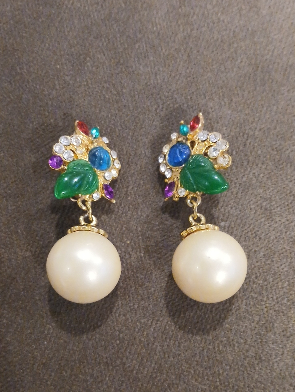 Big Beautiful Vintage Multi Color Floral Pearl Clip-on Dangle Earrings